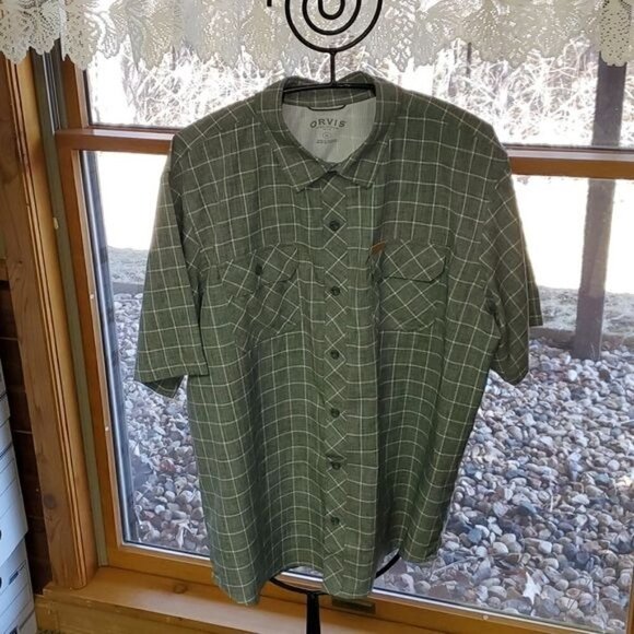 Orvis Classic Collection Logo Grey & White Short Sleeve Button Down Sz XL Shirt - Picture 2 of 12
